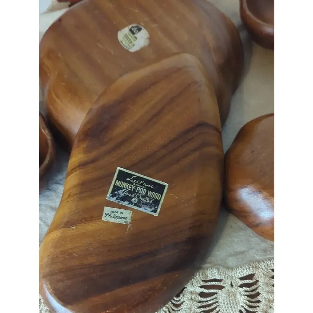 Vintage Monkey Pod Wood Serving Set 6 Pc Hand Carved Bowls + Platter